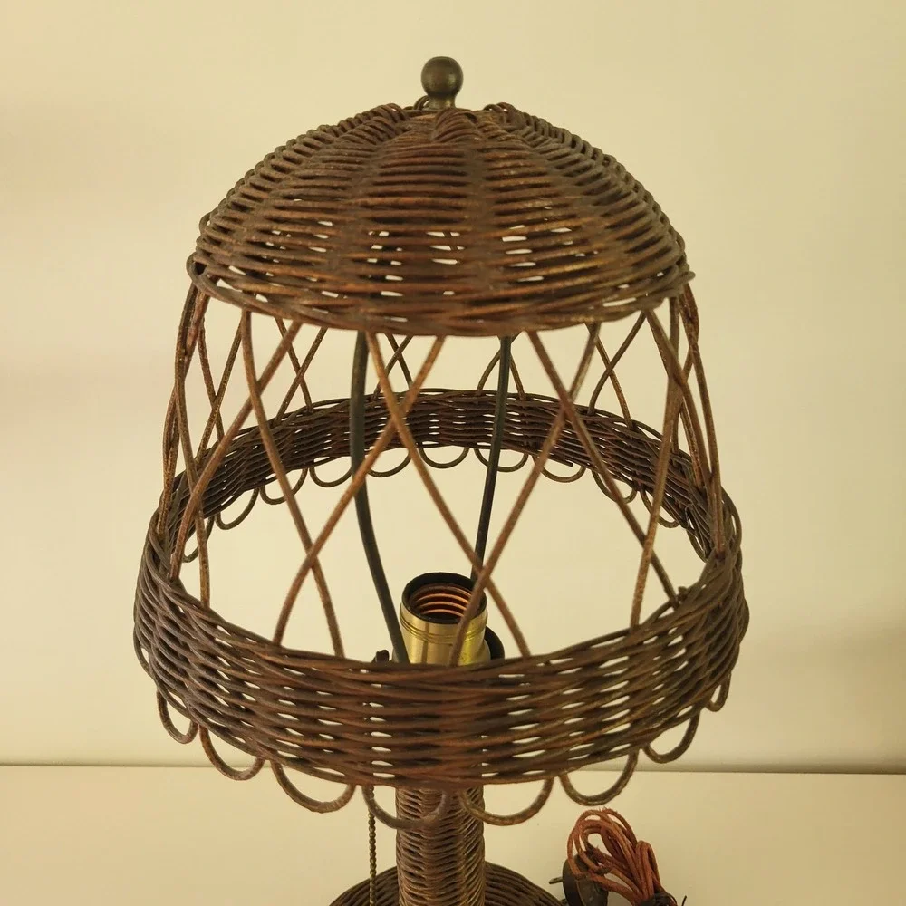 Antique Vintage Art Deco Mushroom Wicker Table Lamp Woven Rattan Brown 18